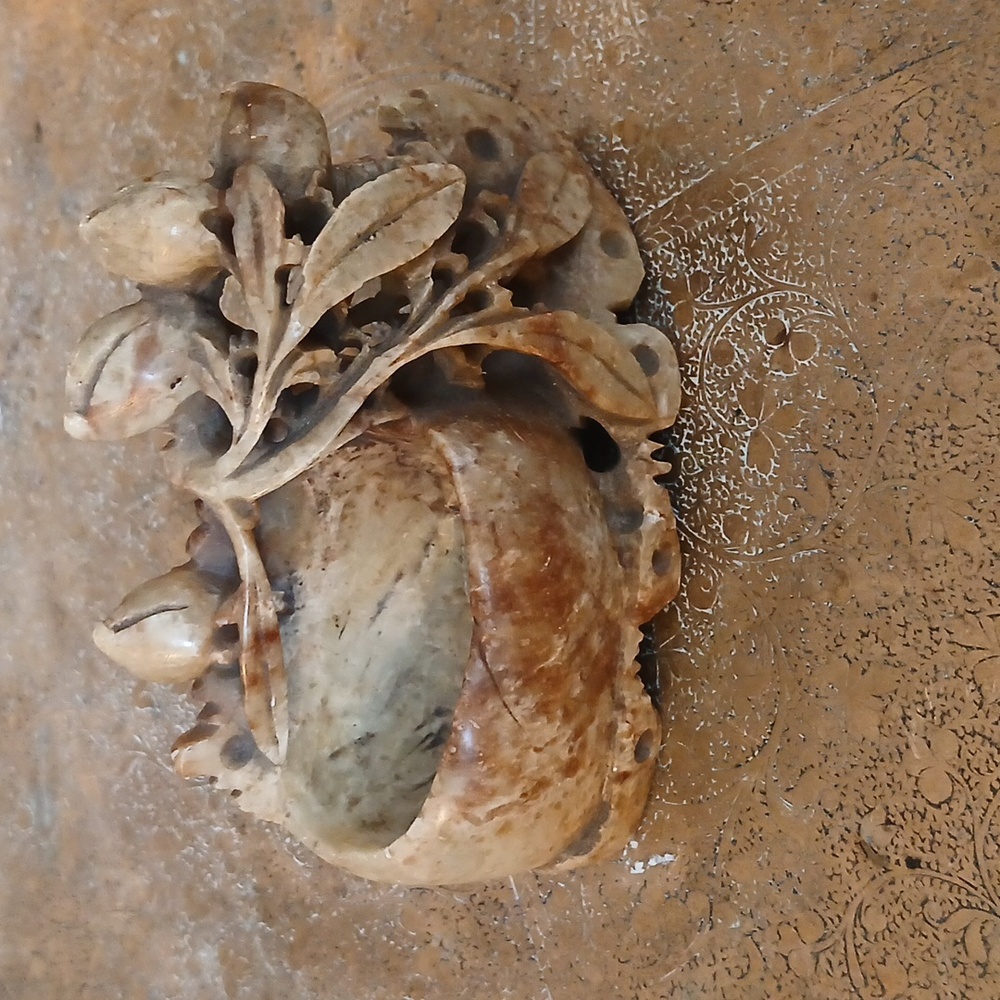 Vintage Soapstone Vase hand carved Fruit and Leaves stone chinese vintage